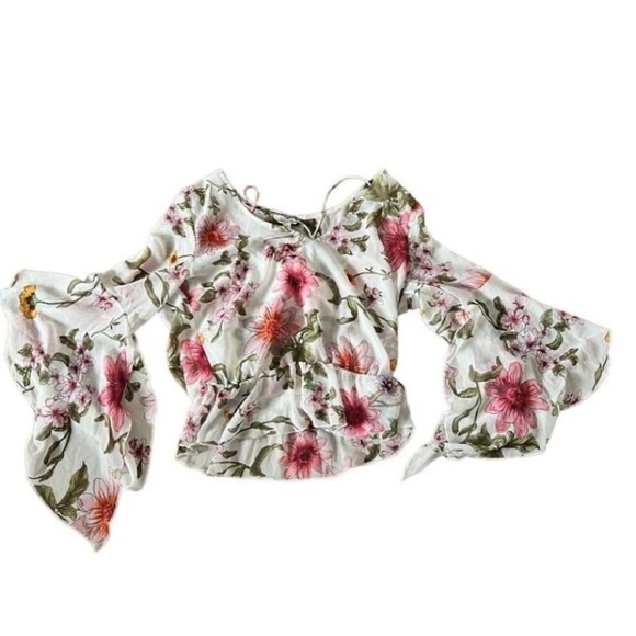 Guess white pink Floral sheer fairy sleeve peplum top shirt Extra Small XS 0 2 4 - Picture 1 of 11
